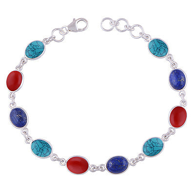 Ten Gemstone Turquoise,Lapis,Coral Oval Shape 925 Sterling Solid Silver Bracelet - R2400407-454