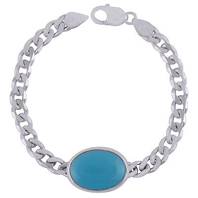 Beautiful Cuban Link Chain Around Turquoise Oval Shape 925 Sterling Solid Silver Bracelet - R2400458-16