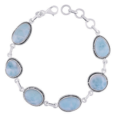 Authentic Wire Work Around Six Stone Larimar Irregular Shape 925 Sterling Solid Silver Bracelet - R2400490-86