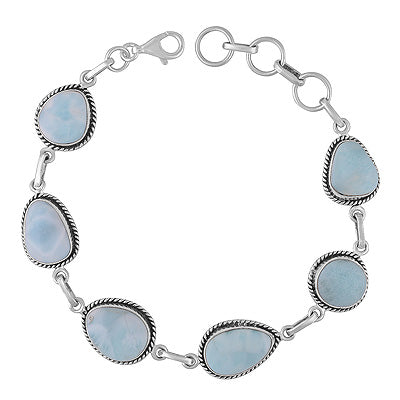Authentic Wire Work Around Six Stone Larimar Irregular Shape 925 Sterling Solid Silver Bracelet - R2400490-91