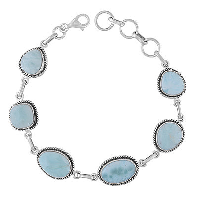 Authentic Wire Work Around Six Stone Larimar Irregular Shape 925 Sterling Solid Silver Bracelet - R2400490-92