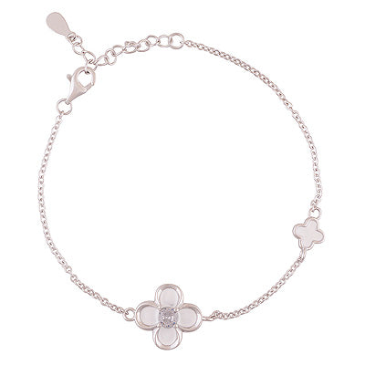 Alluring Flower Clover Gemstone Centre White Cubic Zirconia 925 Sterling Solid Silver Bracelet - R2400542-10