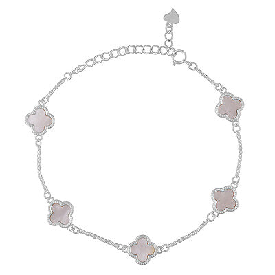 Gorgeous Clover Design Gemstone Mother of Pearl Quatrefoil Shape 925 Sterling Solid Silver Bracelet - R2400542-11