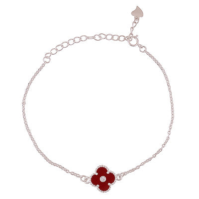 Alluring Clover Design Stone Studded w/ Hanging Drop Carnelian,White Cubic Zirconia 925 Sterling Solid Silver Bracelet - R2400542-4