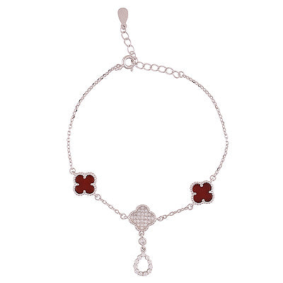 Gorgeous Clover Design Gemstone Carnelian,White Cubic Zirconia 925 Sterling Solid Silver Bracelet - R2400542-5