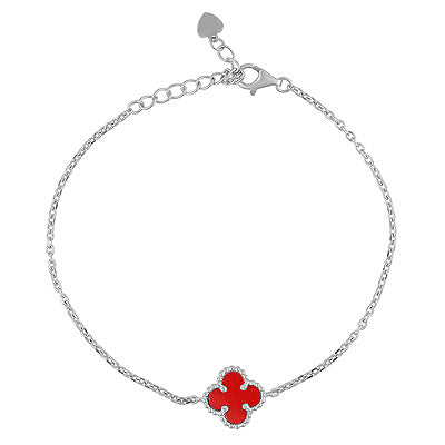 Gorgeous Clover Design Gemstone Coral 925 Sterling Solid Silver Bracelet - R2400542-6