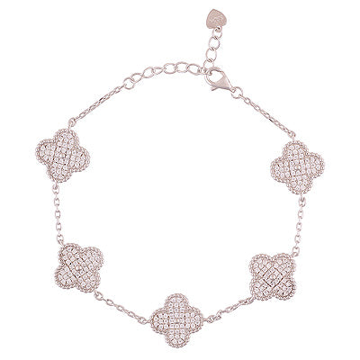 Magnificent Clover Design Stone Studded White Cubic Zirconia 925 Sterling Solid Silver Bracelet - R2400542-9