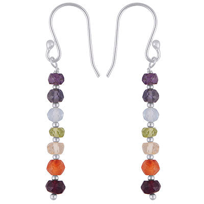 Beautiful Multi Coloured Seven Gemstone Chakra 925 Sterling Solid Silver Dangle Earrings - R2600003-1