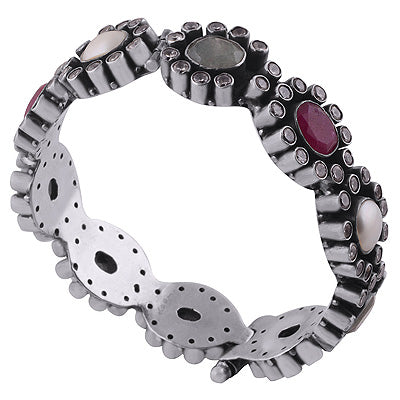 Stunning Loaded with Gemstones Red Corundum,Green Corundum,Pearl,White Cubic Zirconia 925 Sterling Solid Silver Bangle - main product photo (R2700051-1)
