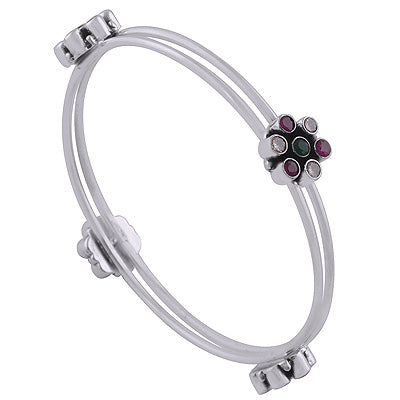 Stunning Flower Shaped Gemstone Cluster Around Green Corundum,Red Corundum,White Cubic Zirconia Round Shape 925 Sterling Solid Silver Bangle - R2700145-5