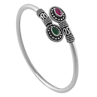 Beautiful Rawa & Wire Work Around Red Corundum,Green Corundum Oval Shape 925 Sterling Solid Silver Bangles - R2700146-10
