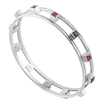 Stunning Gemstones Studded Around Red Corundum,Green Corundum Square Shape 925 Sterling Solid Silver Bangles - R2700155-1