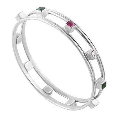 Stunning Gemstones Studded Around Red Corundum,Green Corundum,White Cubic Zirconia Square Shape 925 Sterling Solid Silver Bangles - R2700155-2