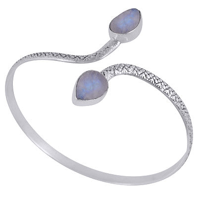 Stunning Handcrafted Textured Work Around Rainbow Moonstone Pear Shape 925 Sterling Solid Silver Bangle - R2800152-3