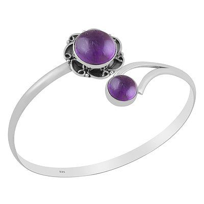 Beautiful Handcrafted Oxidised Work Around Two Stone Amethyst Round Shape 925 Sterling Solid Silver Bangle - R2800159-1