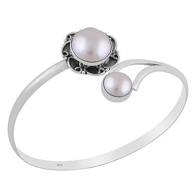 Beautiful Handcrafted Oxidised Work Around Two Stone Pearl Round Shape 925 Sterling Solid Silver Bangle - R2800159-8