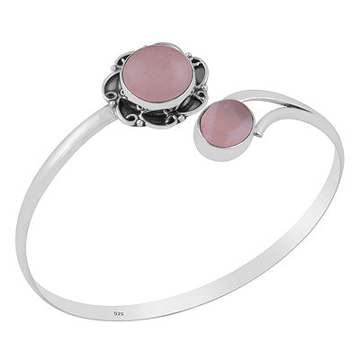 Beautiful Handcrafted Oxidised Work Around Two Stone Rose Quartz Oval Shape 925 Sterling Solid Silver Bangle - R2800159-9