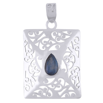 Gorgeous Rectangle pattern HandCarved Labradorite Pear Shape 925 Sterling Solid Silver Pendant - R300397-2