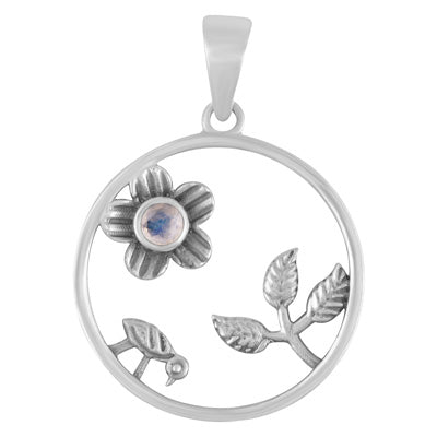 Gorgeous Handcrafted Nature-Themed Rainbow Moonstone Round Shape 925 Sterling Solid Silver Pendant - R300679-65