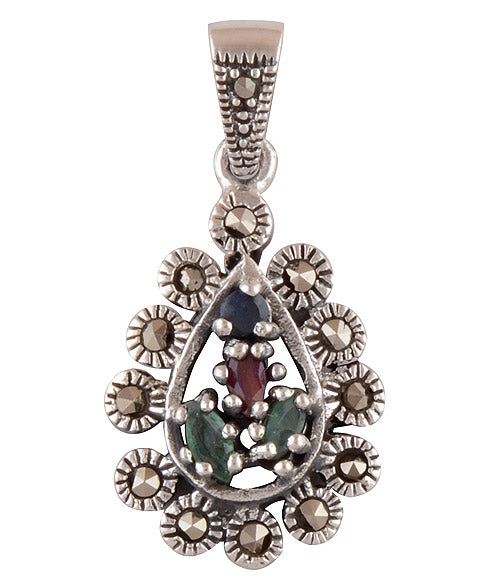 Ruby,Emerald,Blue Sapphire,Marcasite 925 Sterling Silver Pendant - R300833-1
