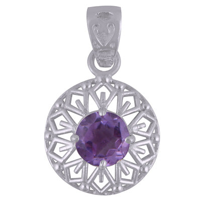 Stunning Pattern Around Amethyst Round Shape 925 Sterling Solid Silver Pendant - R300862-1