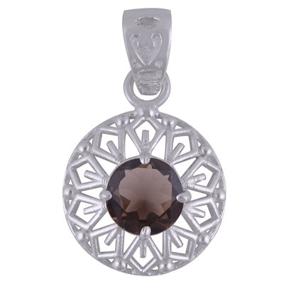 Stunning Pattern Around Smoky Topaz Round Shape 925 Sterling Solid Silver Pendant - R300862-9