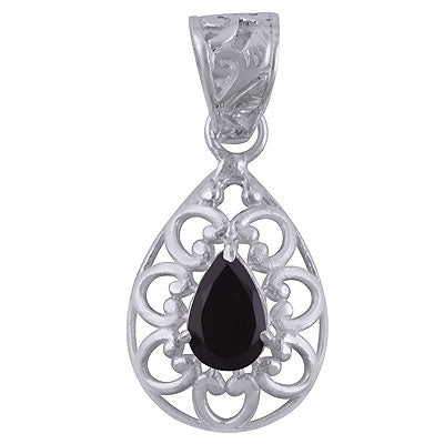 Beautiful Pattern Around Black Onyx Pear Shape 925 Sterling Solid Silver Pendant - R300869-24
