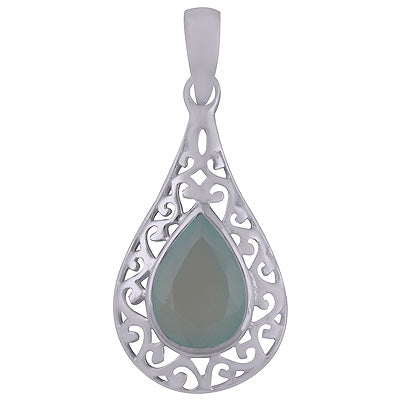 Beautiful Jali Cut out Work Around Aqua Chalcedony Pear Shape 925 Sterling Solid Silver Pendant - R300876-70