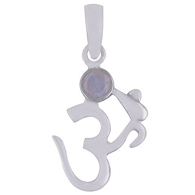 Gorgeous Om Pendant With Gemstone Rainbow Moonstone Oval Shape 925 Sterling Solid Silver Pendant - R301016-14