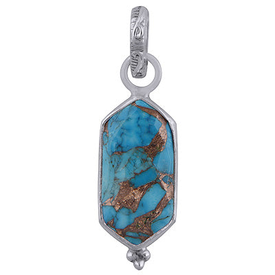 Minimal Rawa Work At Bottom Blue Copper Turquoise Elongated Hexagon Shape 925 Sterling Solid Silver Pendant - R301092-6