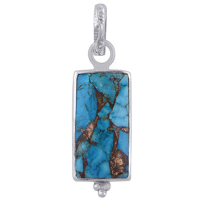 Minimal Rawa Work At Bottom Blue Copper Turquoise Rectangle Shape 925 Sterling Solid Silver Pendant - R301092-9