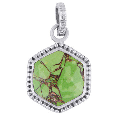 Stunning Rawa Work Around Green Copper Turquoise Hexagon Shape 925 Sterling Solid Silver Pendant - R301093-1