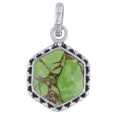 Gorgeous Rawa Work Around Green Copper Turquoise Hexagon Shape 925 Sterling Solid Silver Pendant - R301094-1