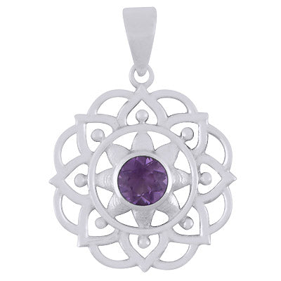 Alluring Flower Work Around Amethyst Round Shape 925 Sterling Solid Silver Pendant - R301136-1