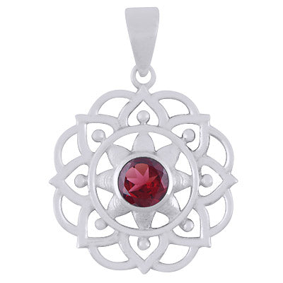 Alluring Flower Work Around Garnet Round Shape 925 Sterling Solid Silver Pendant - R301136-2
