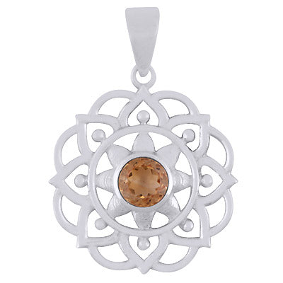Alluring Flower Work Around Citrine Round Shape 925 Sterling Solid Silver Pendant - R301136-4