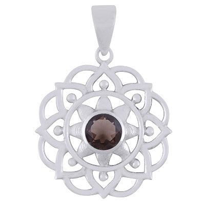 Alluring Flower Work Around Smoky Topaz Round Shape 925 Sterling Solid Silver Pendant - R301136-6