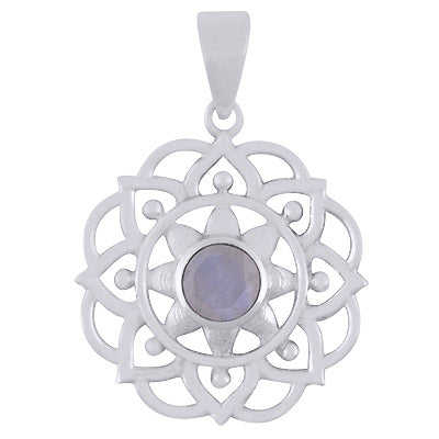 Alluring Flower Work Around Rainbow Moonstone Round Shape 925 Sterling Solid Silver Pendant - R301136-7
