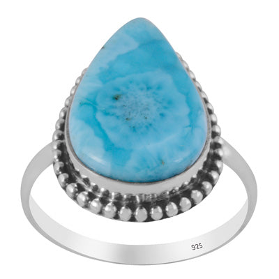 Stunning Rawa Work Around Larimar Pear Shape 925 Sterling Solid Silver Ring - R3400300-196