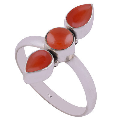 Gorgeous Three Stone Carnelian Pear & Round Shape 925 Sterling Solid Silver Ring - R3400377-52