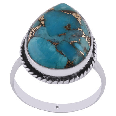 Beautiful Textured Wire Around Blue Copper Turquoise Pear Shape 925 Sterling Solid Silver Ring - R3400421-124