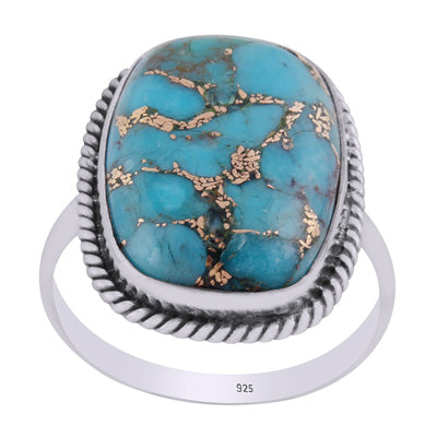 Beautiful Textured Wire Around Blue Copper Turquoise Rectangle Shape 925 Sterling Solid Silver Ring - R3400421-125