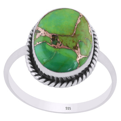Beautiful Textured Wire Around Green Copper Turquoise Oval Shape 925 Sterling Solid Silver Ring - R3400421-126