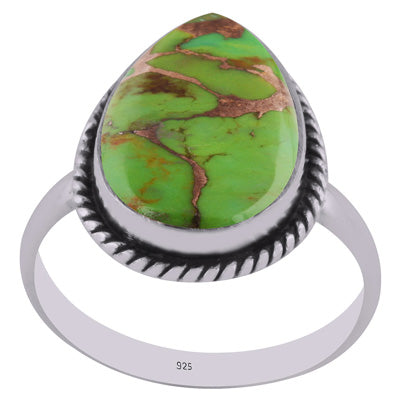 Beautiful Textured Wire Around Green Copper Turquoise Pear Shape 925 Sterling Solid Silver Ring - R3400421-127