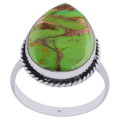 Beautiful Textured Wire Around Green Copper Turquoise Pear Shape 925 Sterling Solid Silver Ring - R3400421-128