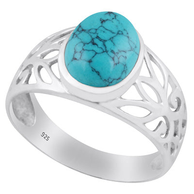 Stunning Cut Work Around Turquoise Oval Shape 925 Sterling Solid Silver Ring - R3400431-14