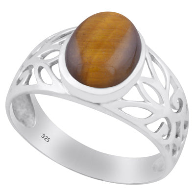 Stunning Cut Work Around Tiger's Eye Oval Shape 925 Sterling Solid Silver Ring - R3400431-77