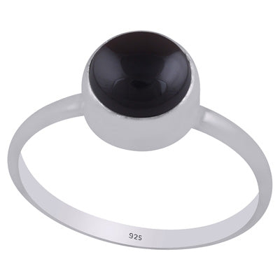 Plain Collet Natural Black Onyx Round Shape 925 Sterling Solid Silver Ring - R3400441-14