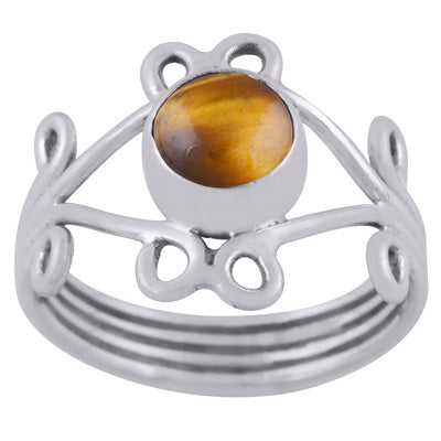 Alluring Coil Wire Work Around Tiger's Eye Round Shape 925 Sterling Solid Silver Ring - R3400446-51
