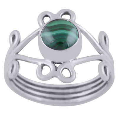 Alluring Coil Wire Work Around Malachite Round Shape 925 Sterling Solid Silver Ring - R3400446-55